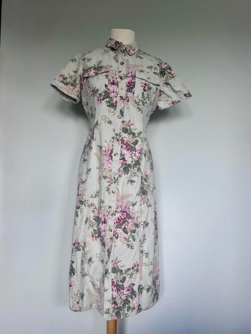 Vintage 90s Stonebridge Floral Denim Maxi Shirtwaist Dress
